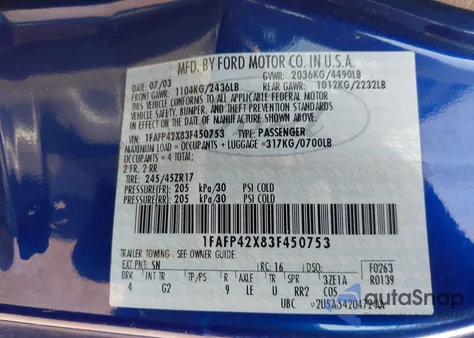 2003 Ford Mustang Gt z USA, uszkodzony, nr VIN 1FAFP42X83F450753